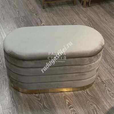 Банкетка дизайнерская мягкая, овальная велюровая серая с откидной крышкой